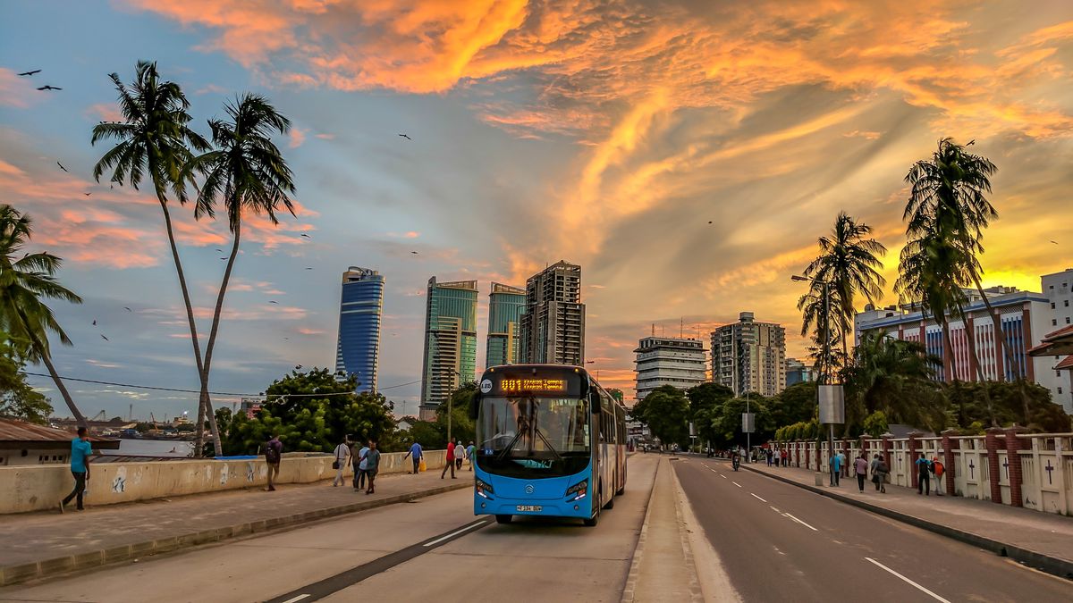 Rapid transit bus at sunset with Dar es Salaam city towers and palm trees - modern Tanzanian city life