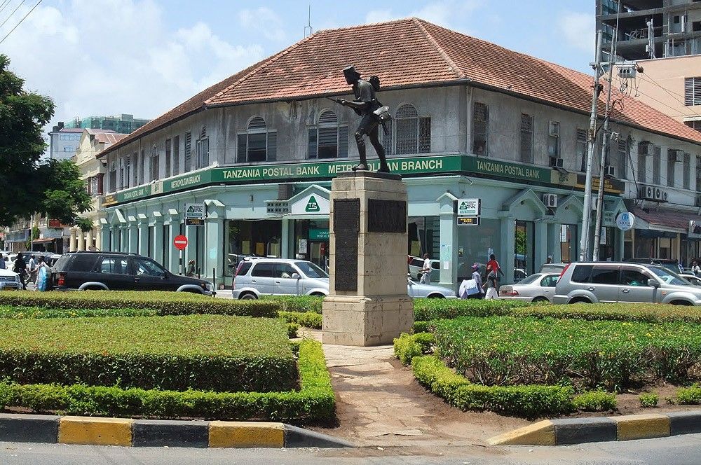 Askari Monument roundabout with historic colonial buildings in Dar es Salaam city centre