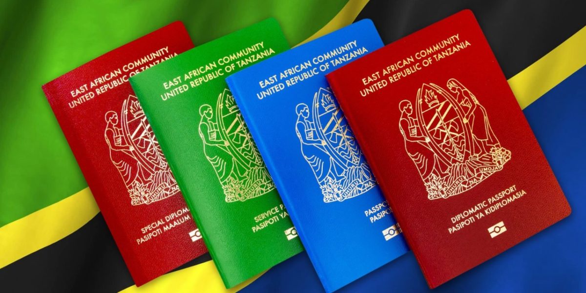 Airplane, boarding passes, passport, and tourist visa travel preparation for Tanzania